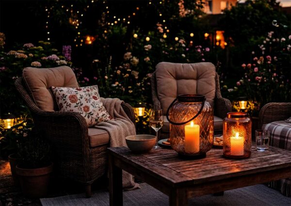 Gartenszene Windlichter